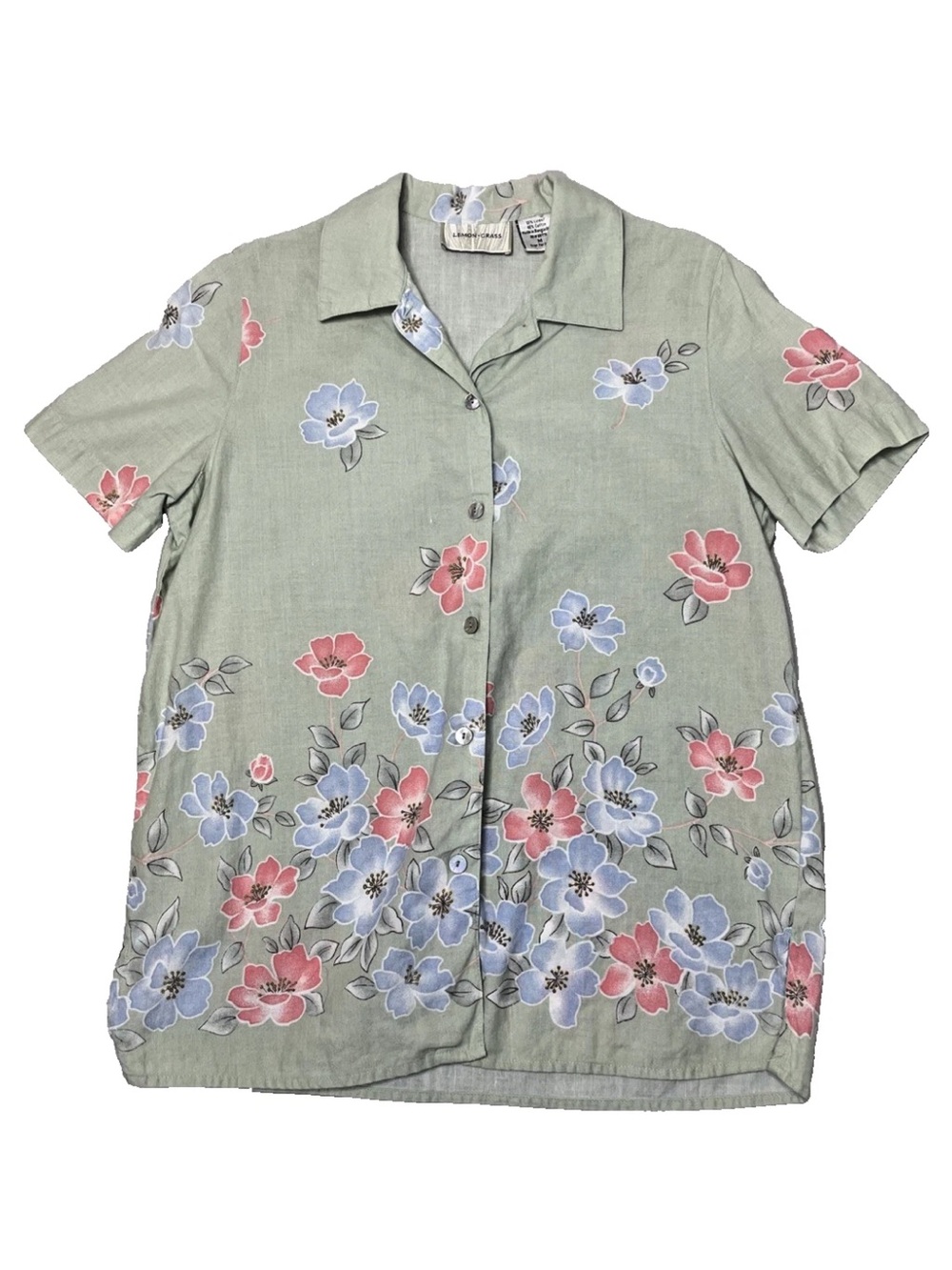Vtg Lemon Grass Linen Cotton Blend Floral Button Up Shirt M Short Sleeve